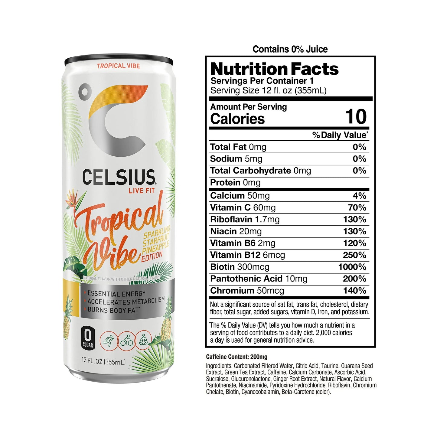 CELSIUS Tropical Vibe Sparkling Starfruit Pineapple Energy Drink 12 fl oz Single Can