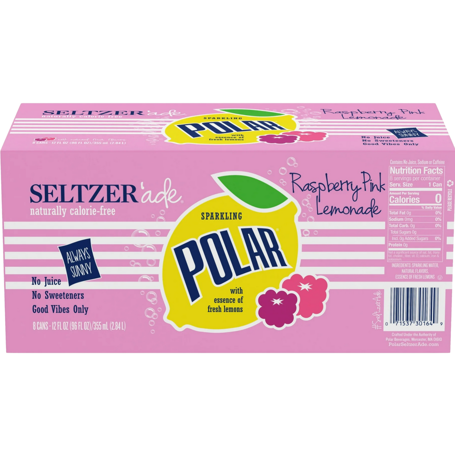 Polar Zero Calorie Raspberry Pink Lemonade Sparkling Seltzer Water, 8 Pack of 12oz Cans