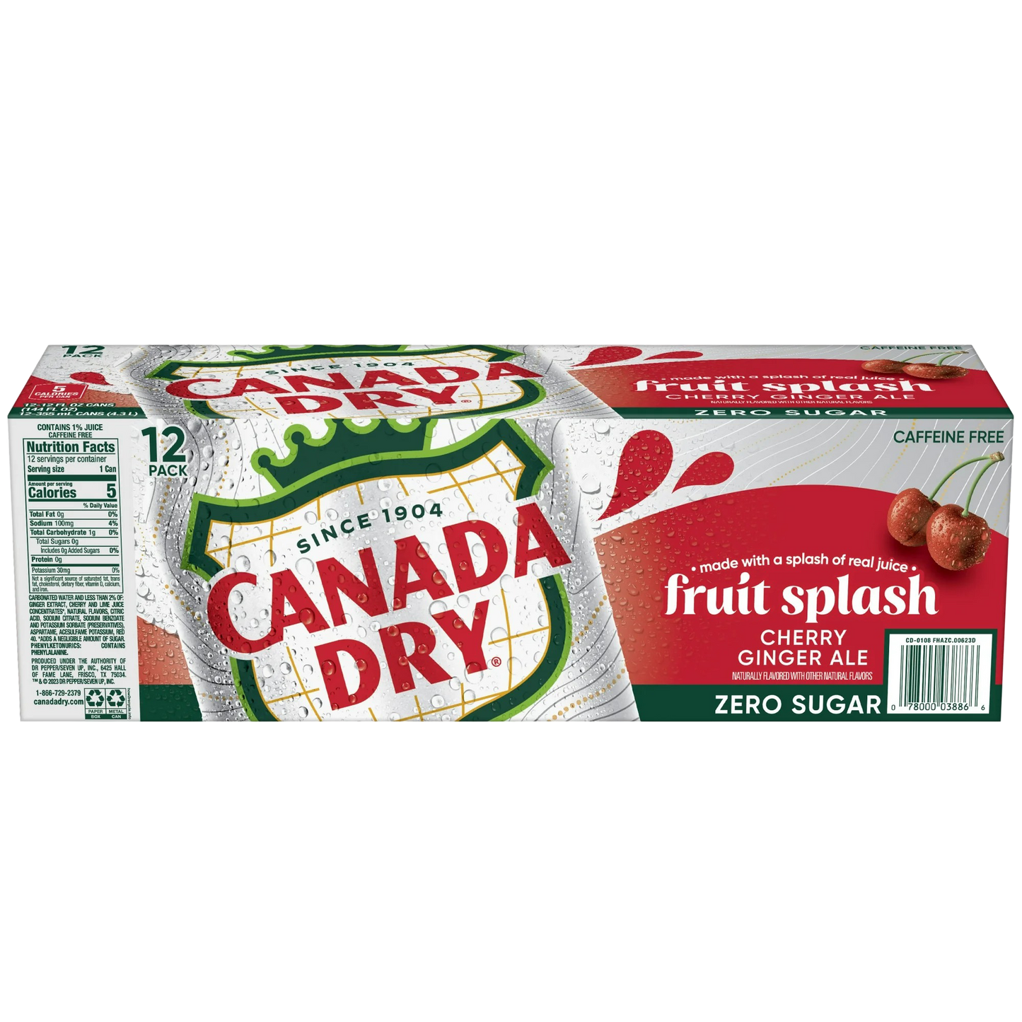 Canada Dry Caffeine Free Zero Sugar Fruit Splash Cherry Ginger Ale Soda Pop, 12 Pack of 12oz Cans