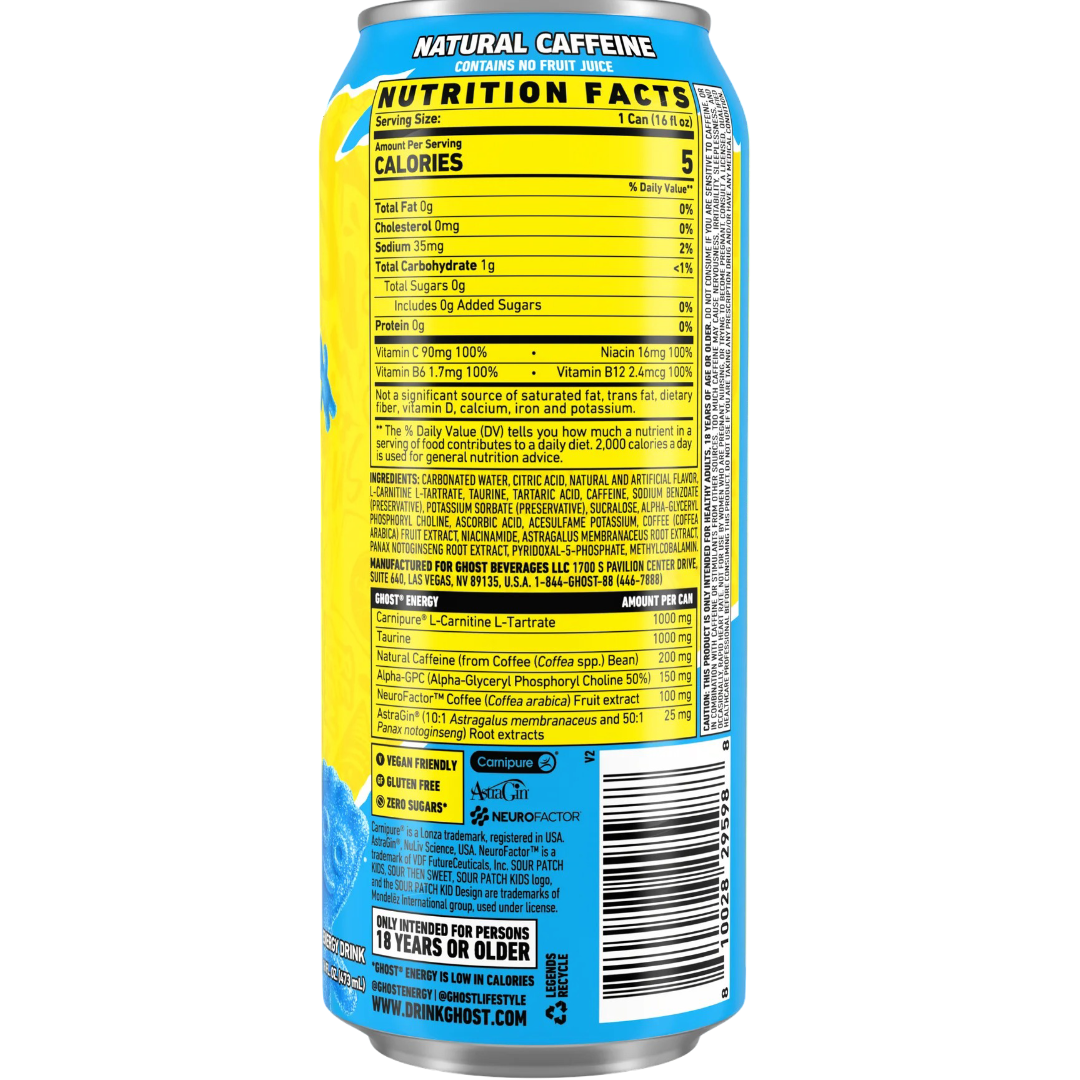 Ghost Zero Sugar Sour Patch Kids Blue Raspberry Energy Drink, 16 fl oz