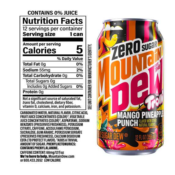 Mountain Dew x Trolli Mango Pineapple Punch Zero Sugar, 12 Pack of 12 fl oz Cans