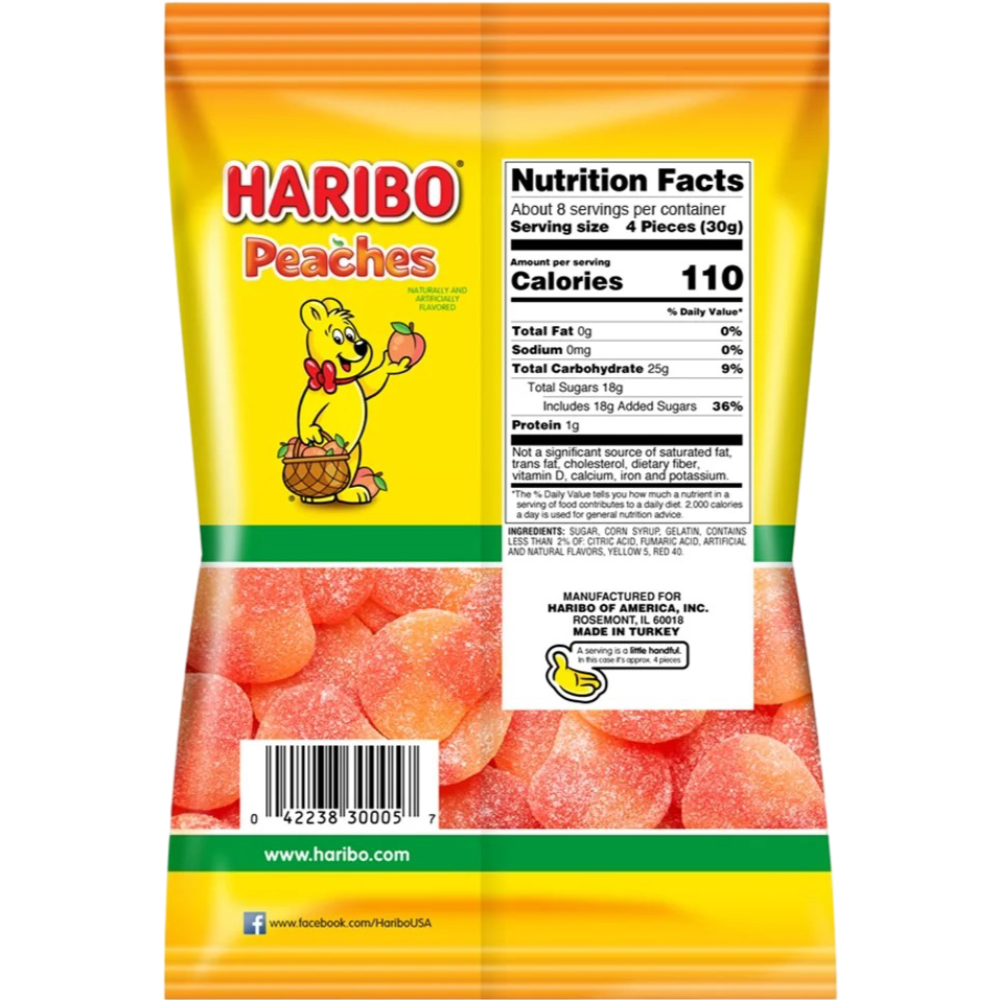 Haribo Gummy Candy, Peaches Gummies, 8oz Share Bag
