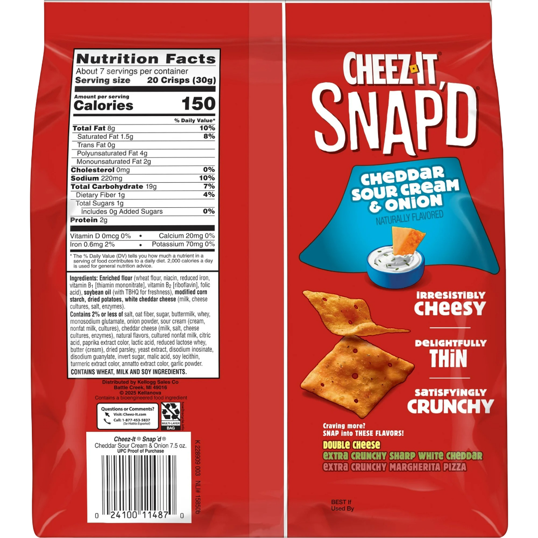 Cheez-It Snap'd Cheddar Sour Cream and Onion Cheese Crackers, 7.5 oz