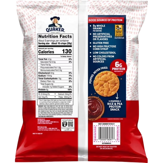Quaker Protein Crisps Tangy Barbecue BBQ Mini Rice Cakes, 5.2 oz