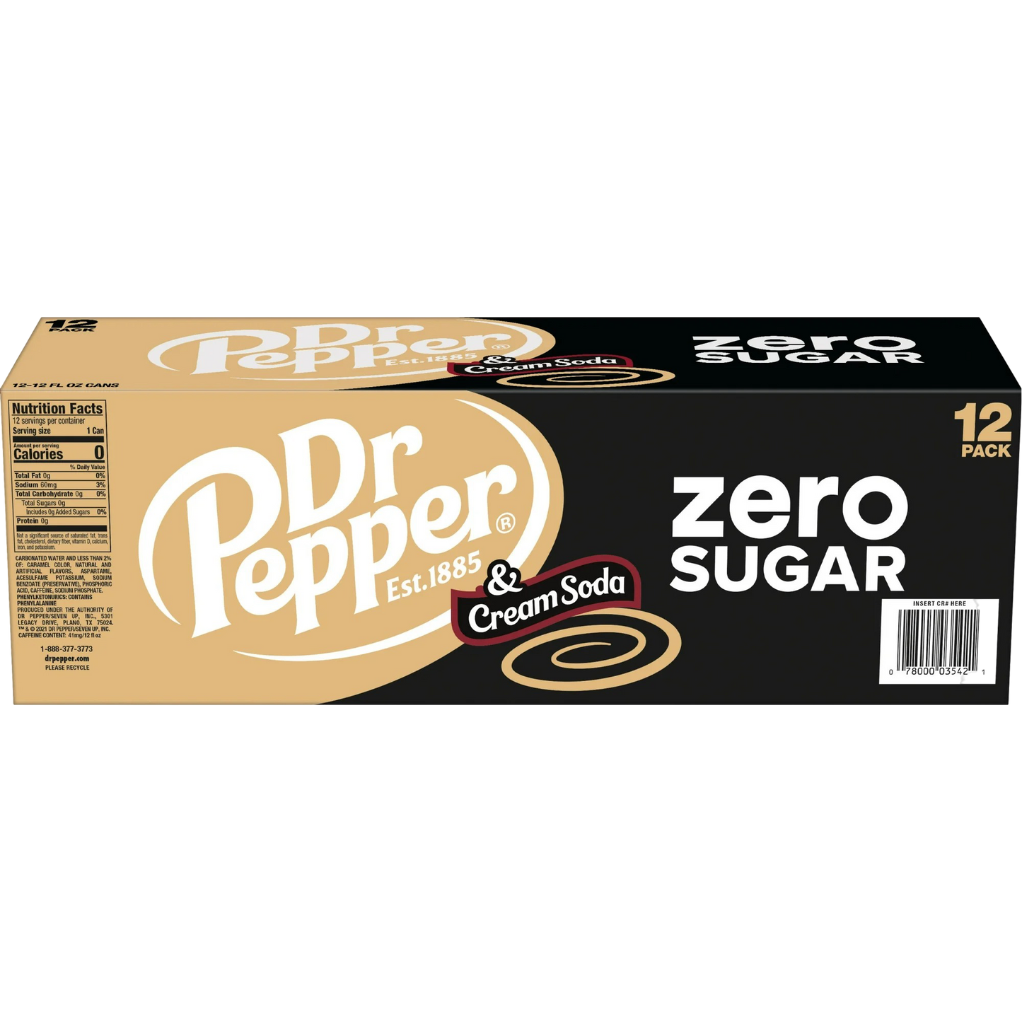 Dr Pepper & Cream Zero Sugar Soda Pop, 12 Pack of 12oz Cans
