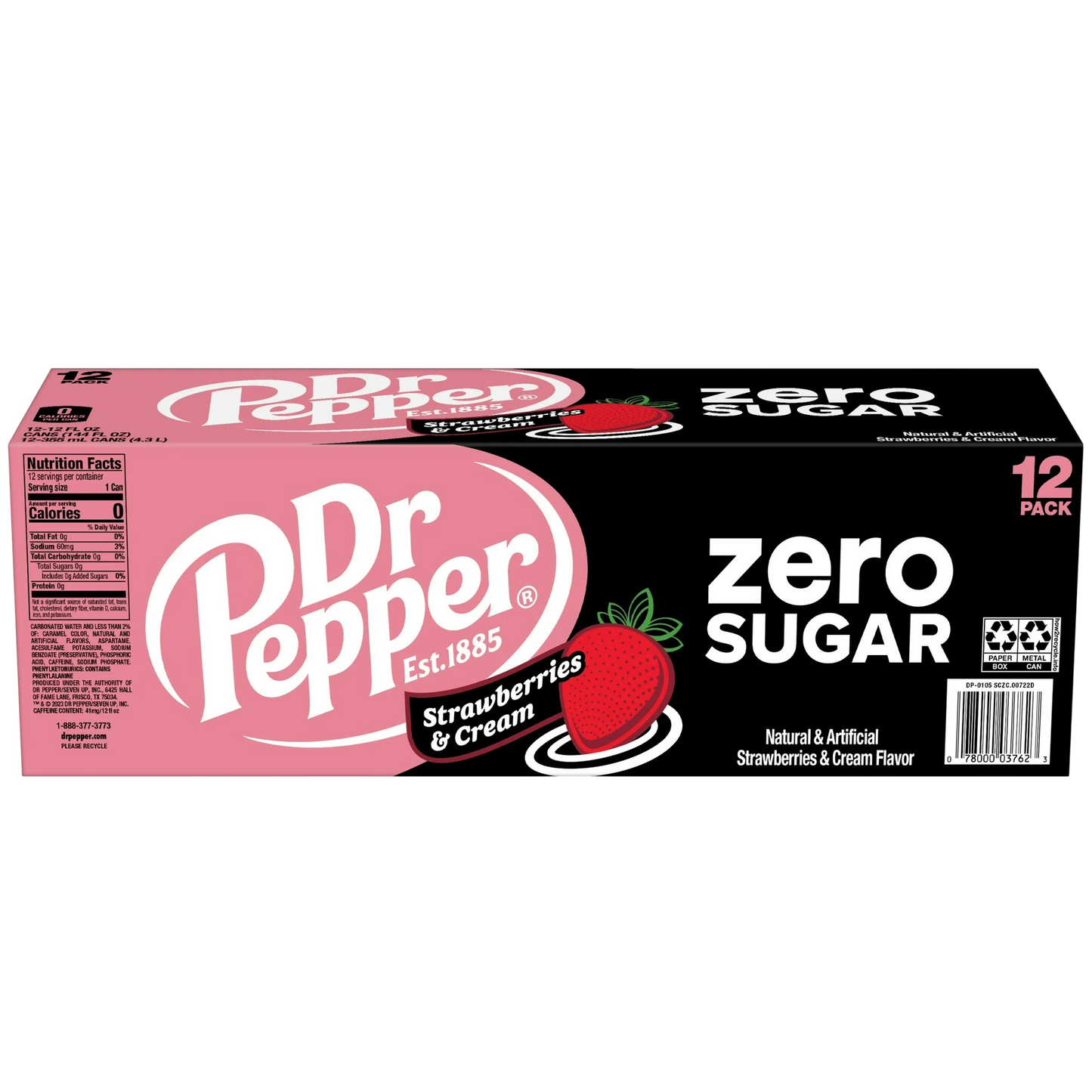 Dr Pepper Zero Sugar Strawberries and Cream Soda Pop, 12 Pack of 12oz Cans