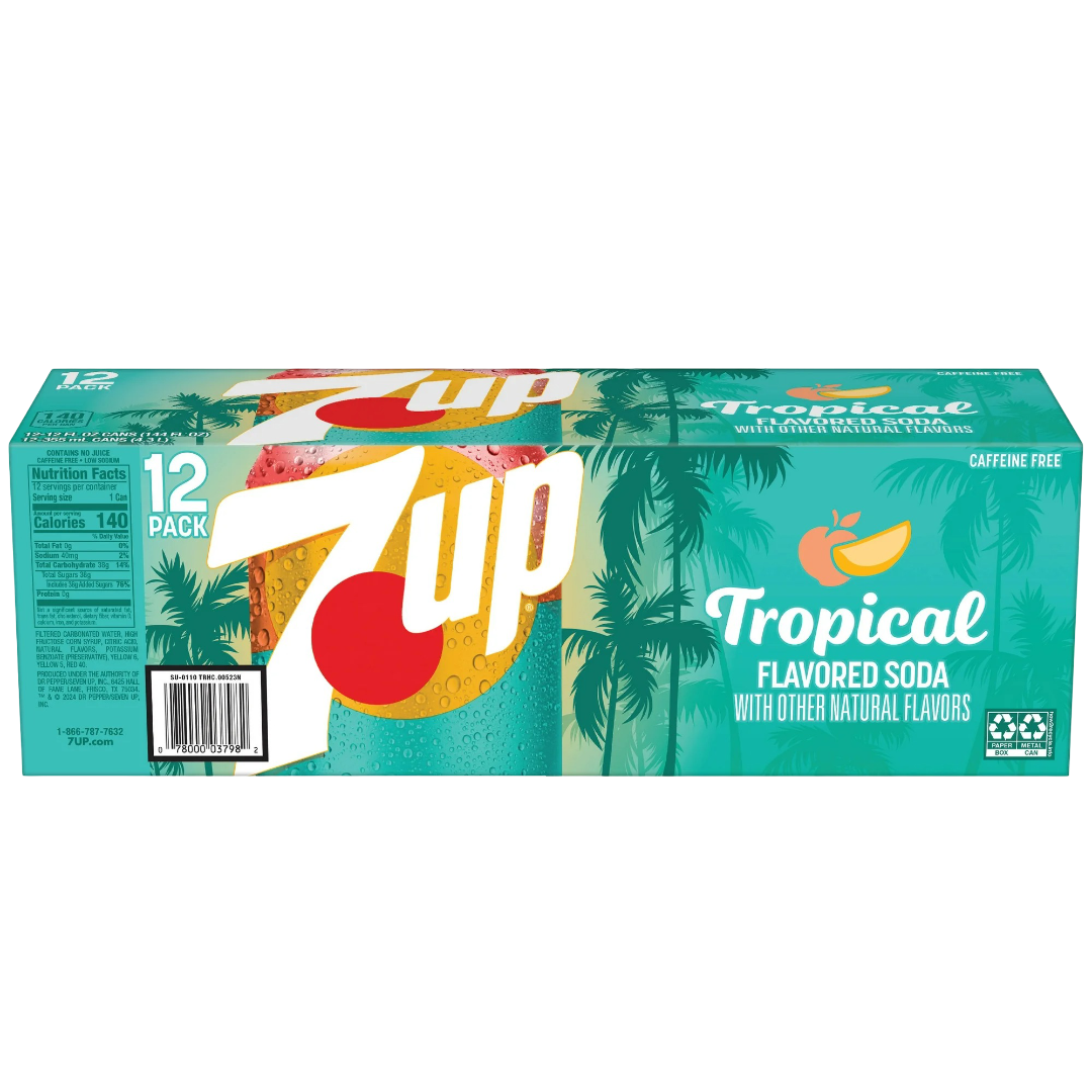 7UP Tropical Lemon Lime Mango Peach Soda, 12 Pack of 12oz Cans