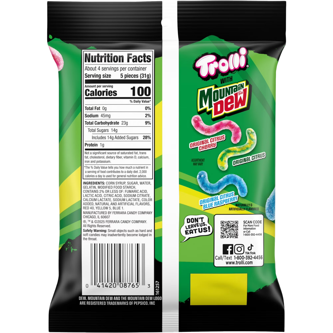 Trolli x Mountain Dew Sour Brite Crawlers Gummy Worm Candy, 4.25 oz