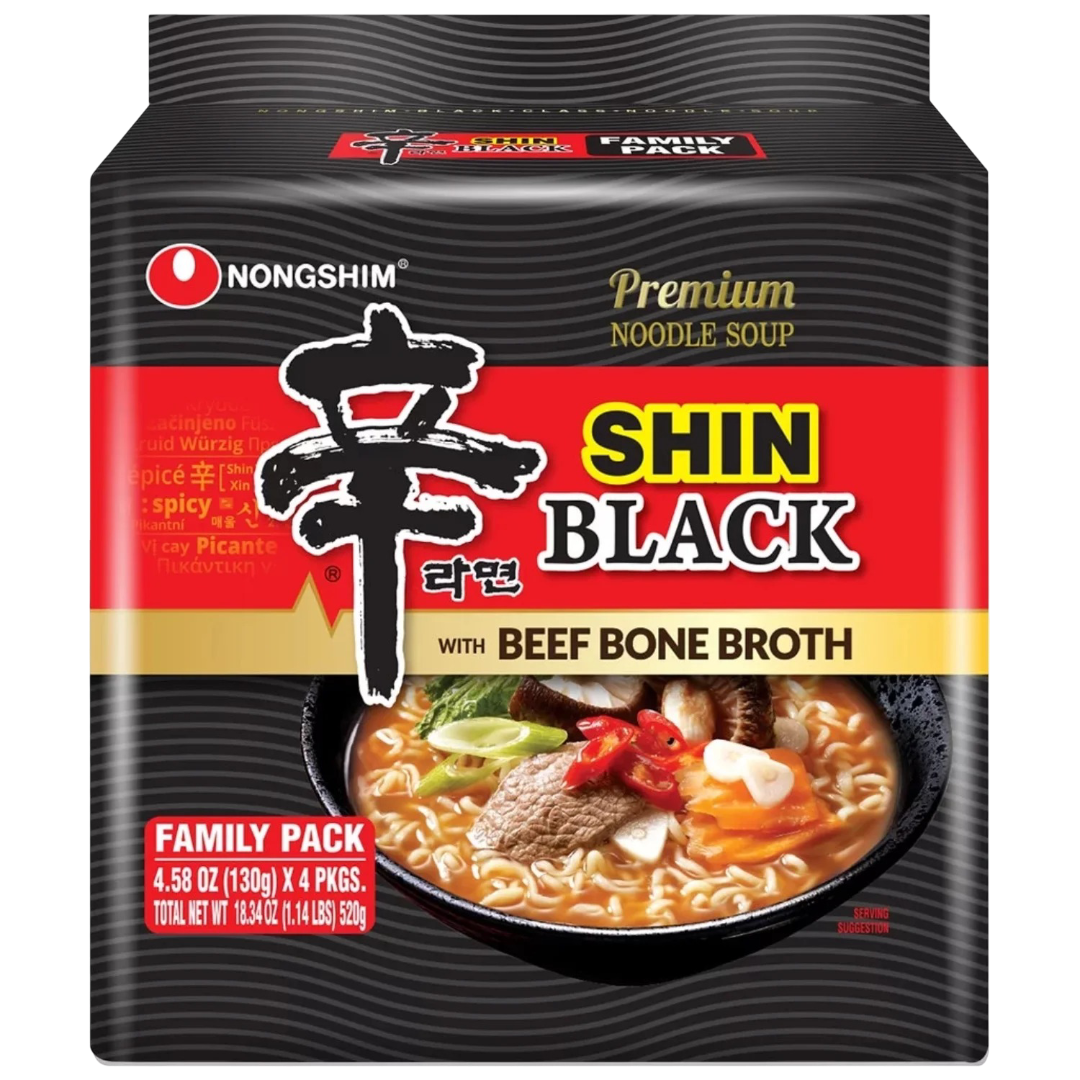 Nongshim Shin Black Spicy Beef & Bone Broth Premium Ramen Noodle Soup Pack, 4.58oz X 4