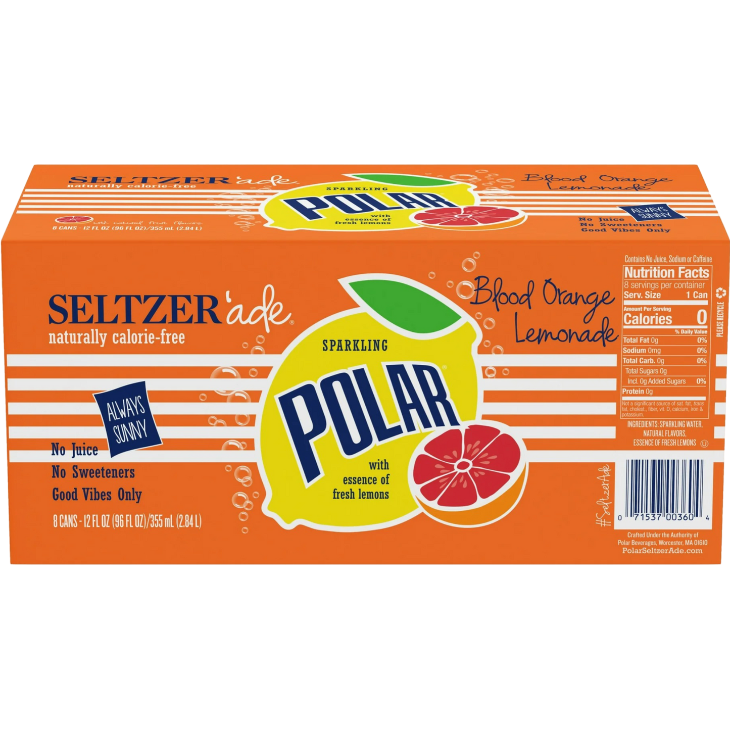 Polar Zero Calorie Blood Orange Lemonade Sparkling Seltzer Water, 8 Pack of 12oz Cans