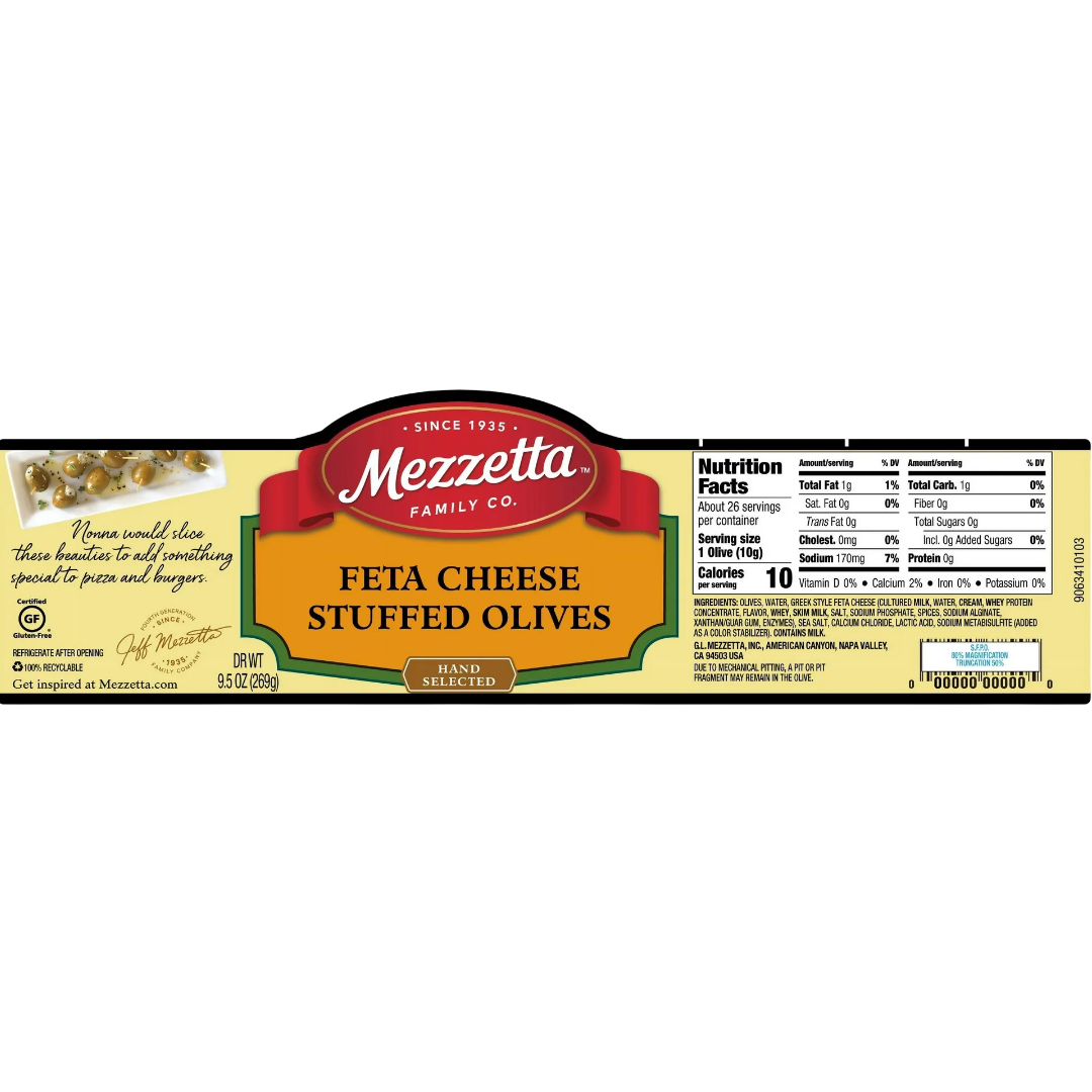 Mezzetta Feta Cheese Stuffed Olives 9.5 fl oz Jar Brand New