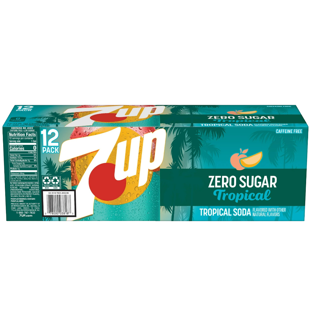 7UP Tropical Zero Sugar Lemon Lime Mango Peach Soda, 12 Pack of 12oz Cans