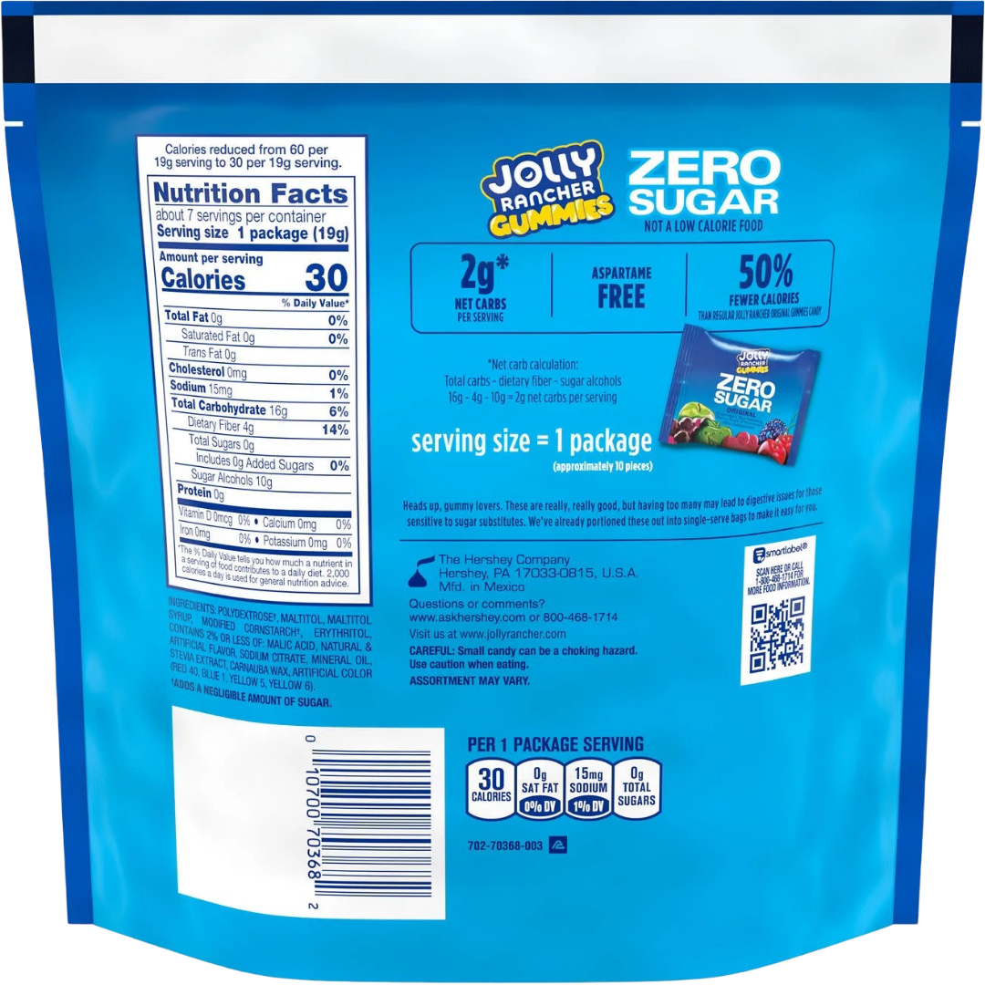 Jolly Rancher Gummies Zero Sugar Assorted Fruit Flavored Candy, 4.9 oz