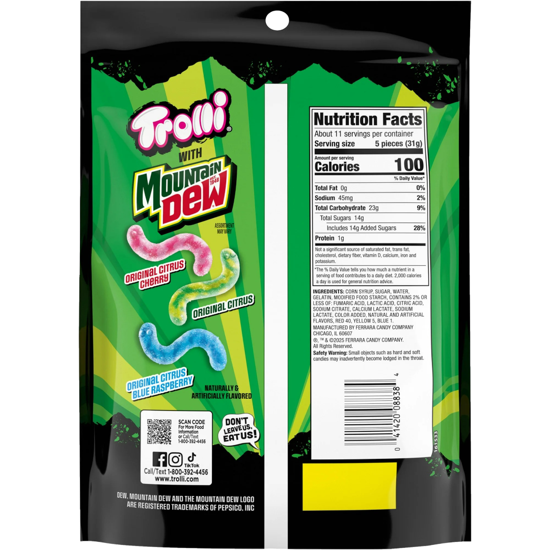 Trolli x Mountain Dew Sour Brite Crawlers Gummy Worm Candy, 12.3oz