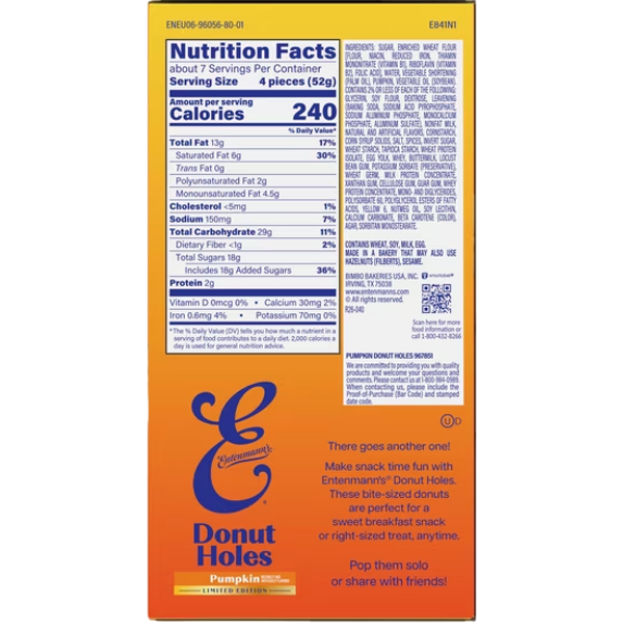 Entenmann's Pumpkin Donut Holes Bites, 13 oz