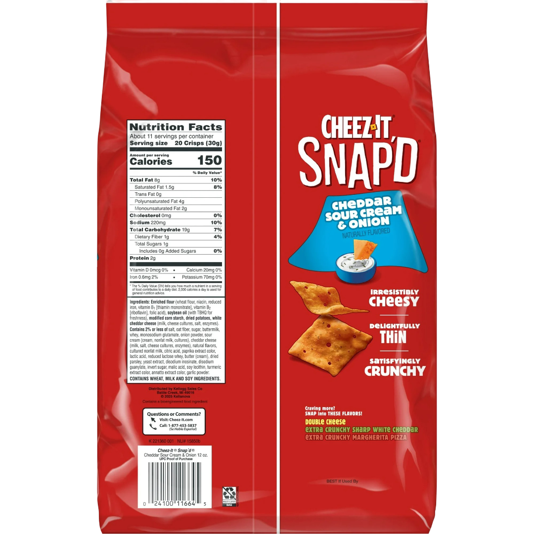Cheez-It Snap'd Cheddar Sour Cream and Onion Cheese Crackers, 12oz