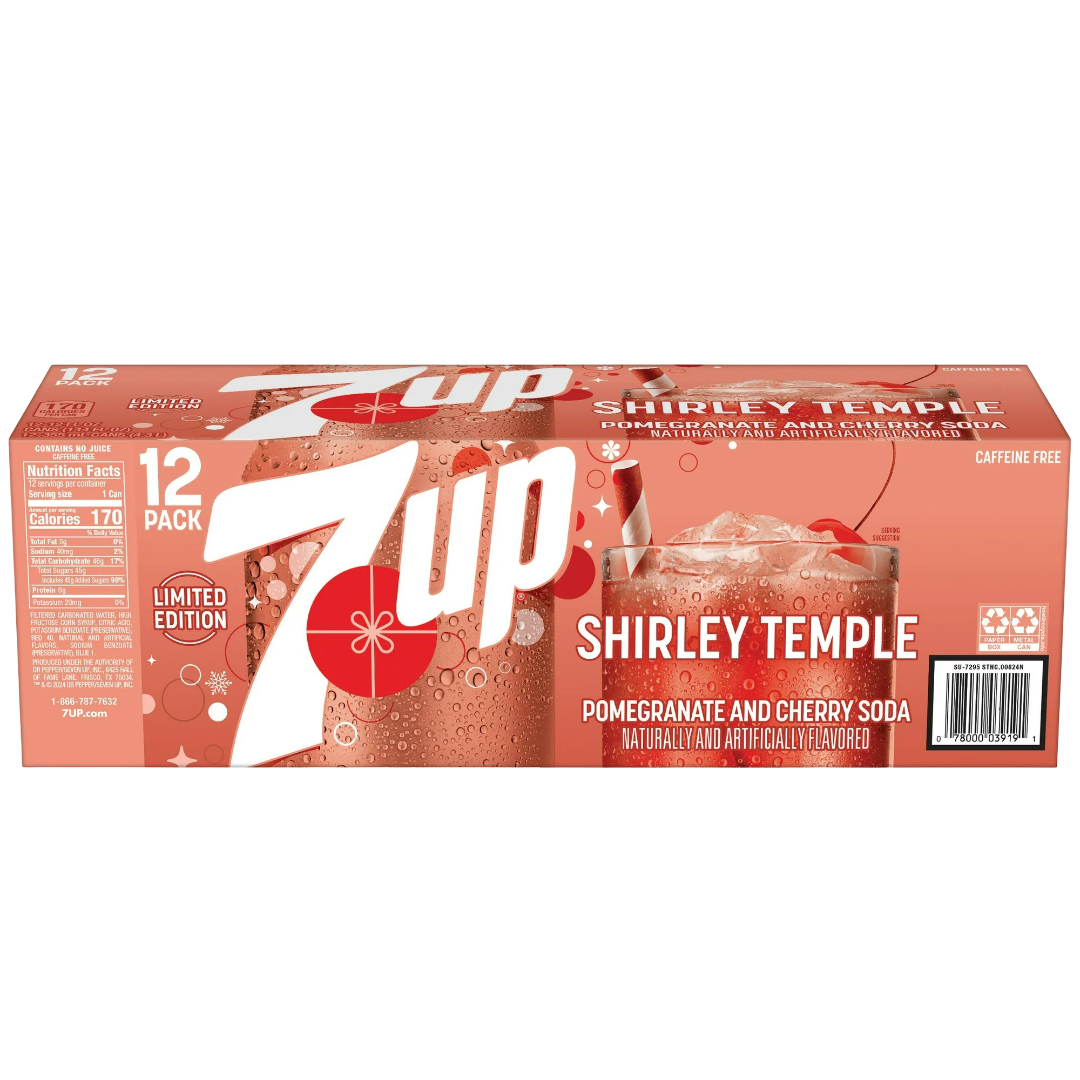 7up Shirley Temple Pomegranate & Cherry Flavored Soda, 12 Pack of 12oz Cans