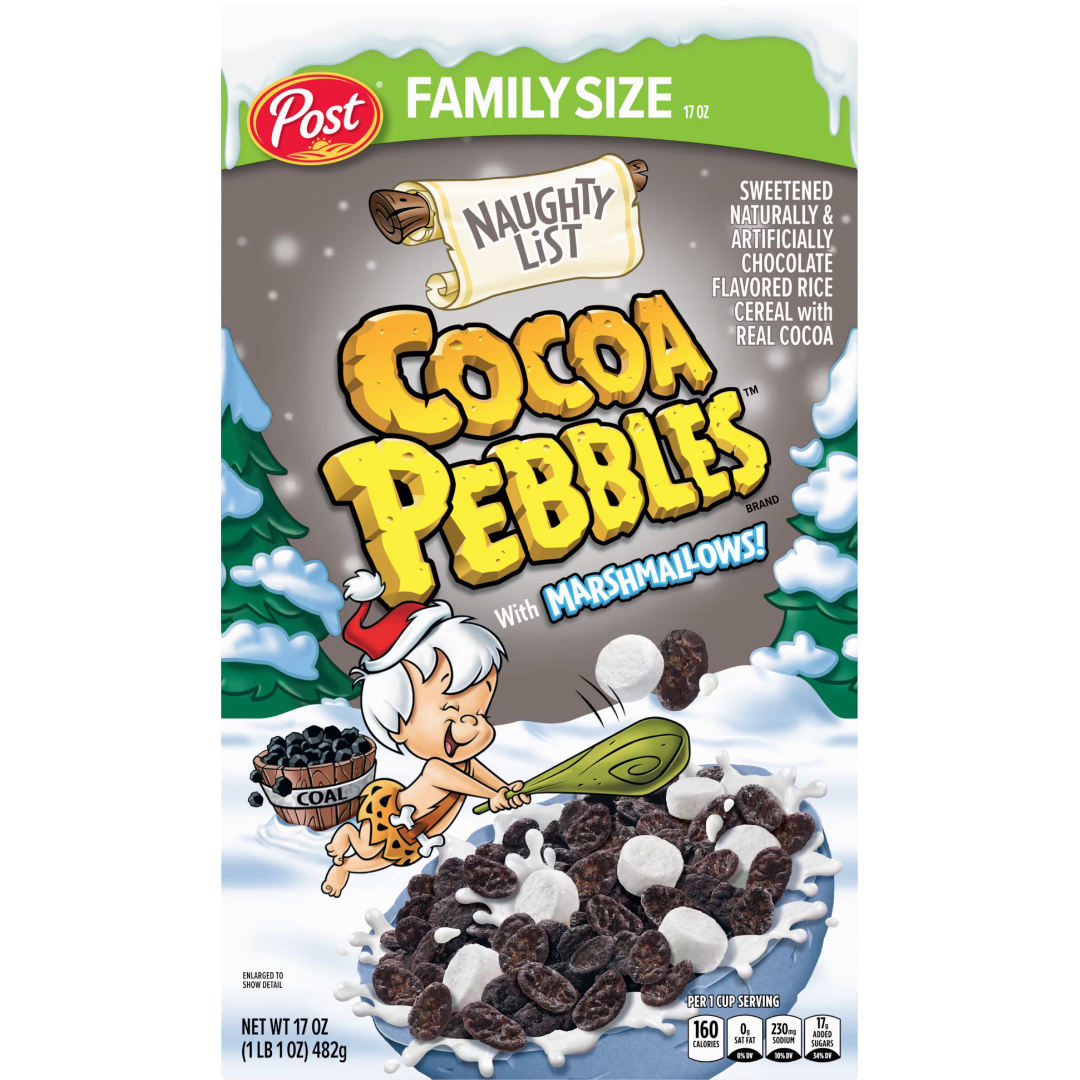 Post Naughty List Cocoa PEBBLES with Marshmallows Cereal, Family Size, 17 oz