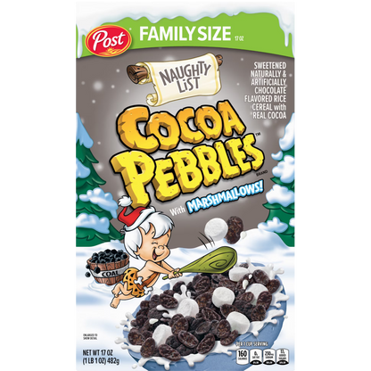 Post Naughty List Cocoa PEBBLES with Marshmallows Cereal, Family Size, 17 oz