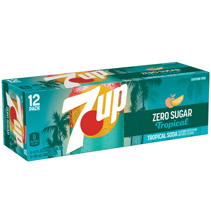 7UP Tropical Zero Sugar Lemon Lime Mango Peach Soda, 12 Pack of 12oz Cans