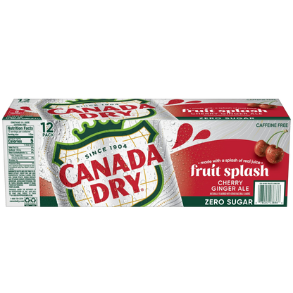 Canada Dry Caffeine Free Zero Sugar Fruit Splash Cherry Ginger Ale Soda Pop, 12 Pack of 12oz Cans