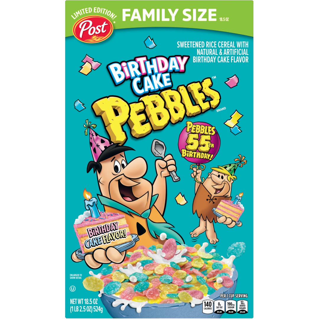Post 55th Birthday Cake Pebbles Breakfast Cereal Family Size, 18.5 oz
