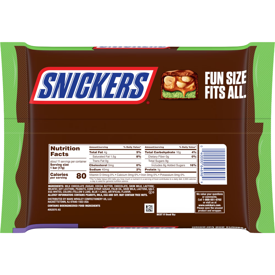 Snickers Ghoulish Green Milk Chocolate Halloween Candy Fun Size Bars, 6.6 oz