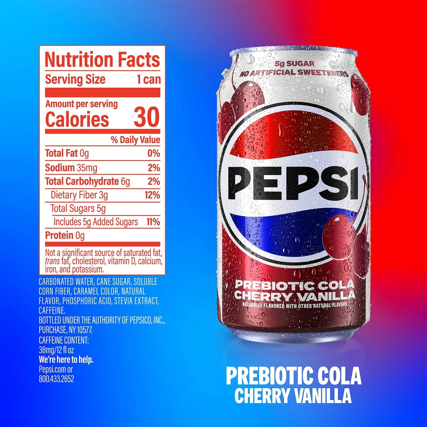 Pepsi Prebiotic Cola Cherry Vanilla Soda Pop, (2) 8 Pack of 12 fl oz Cans