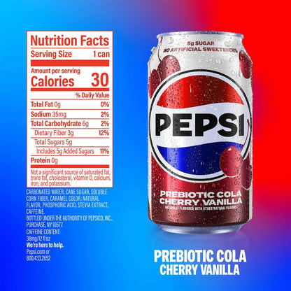 Pepsi Prebiotic Cola Cherry Vanilla Soda Pop, (2) 8 Pack of 12 fl oz Cans