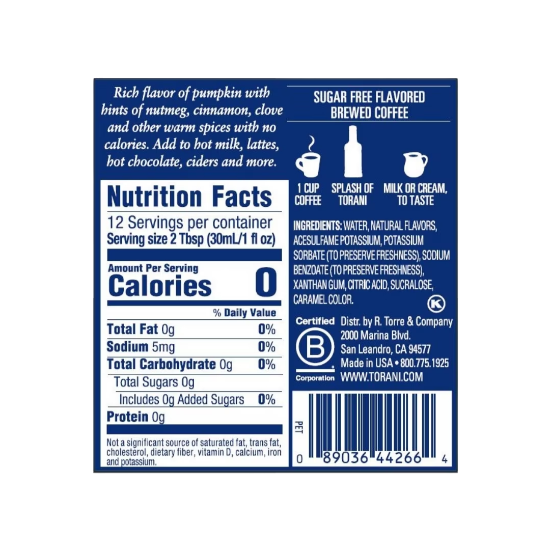 Torani Sugar Free Pumpkin Spice Coffee Syrup, 12.7 oz
