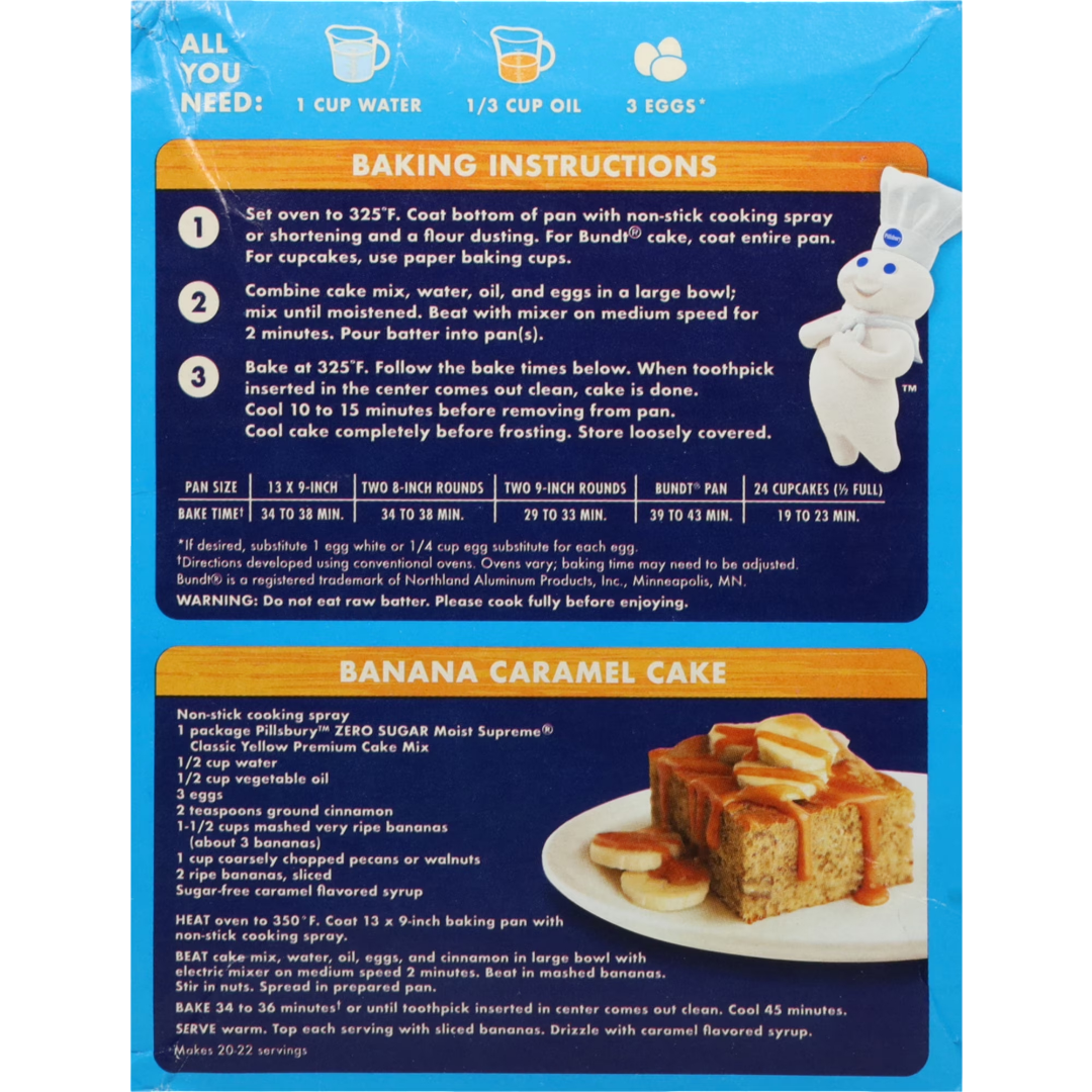 Pillsbury Zero Sugar Moist Supreme Yellow Premium Cake Mix, 16 oz
