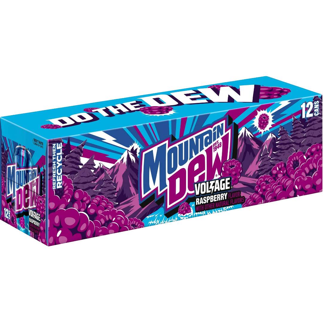 Mountain Dew Voltage Raspberry Citrus & Ginseng Soda, 12 Pack of 12oz Cans