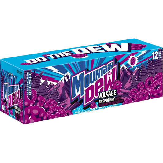 Mountain Dew Voltage Raspberry Citrus & Ginseng Soda, 12 Pack of 12oz Cans