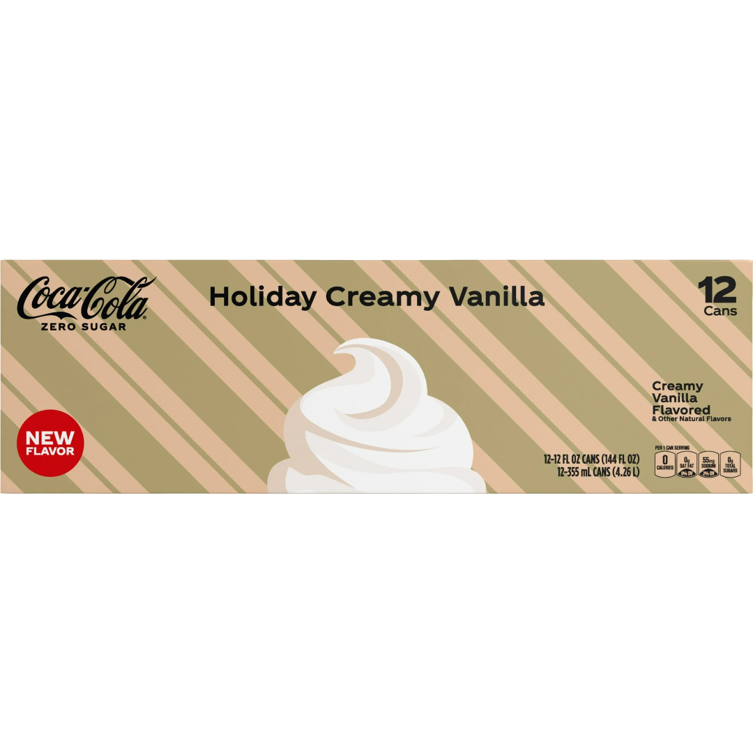 Coca Cola Holiday Creamy Vanilla Zero Sugar Soda Pop, 12 Pack of 12oz Cans