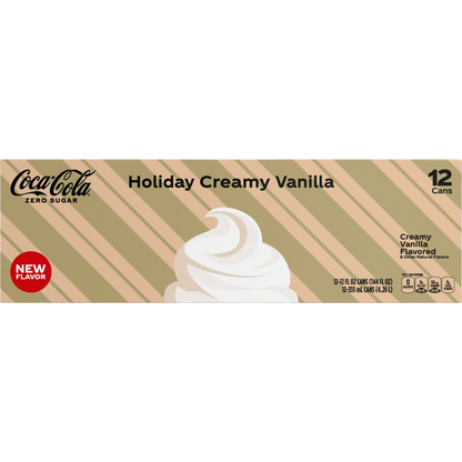 Coca Cola Holiday Creamy Vanilla Zero Sugar Soda Pop, 12 Pack of 12oz Cans
