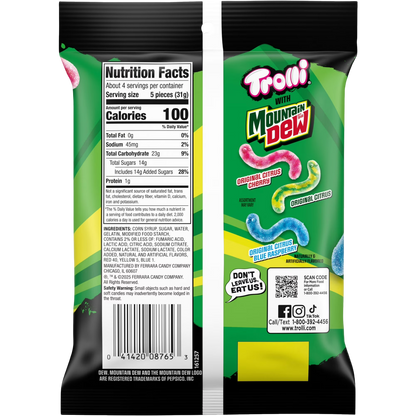 Trolli x Mountain Dew Sour Brite Crawlers Gummy Worm Candy, 4.25 oz