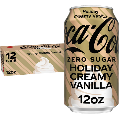 Coca Cola Holiday Creamy Vanilla Zero Sugar Soda Pop, 12 Pack of 12oz Cans
