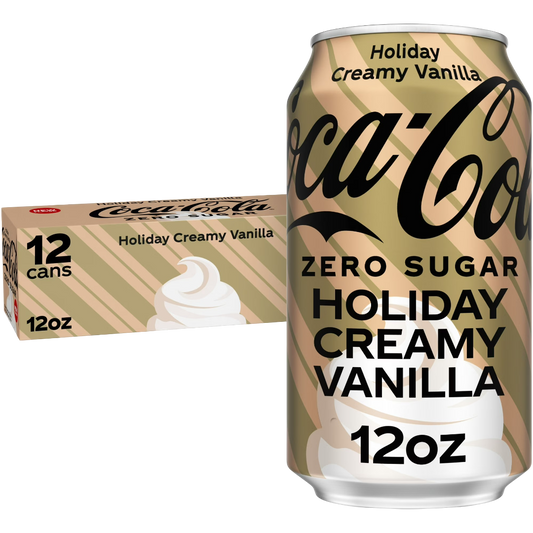 Coca Cola Holiday Creamy Vanilla Zero Sugar Soda Pop, 12 Pack of 12oz Cans