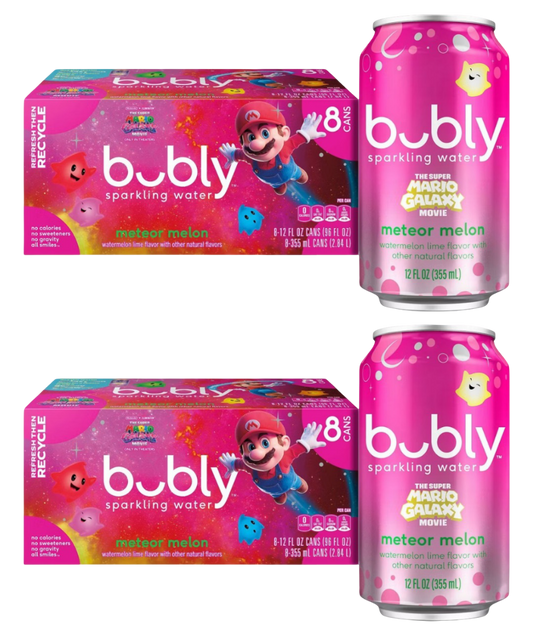 Bubly Meteor Melon Super Mario Galaxy Sparkling Water, (2) 8 Pack of 12 fl oz Cans