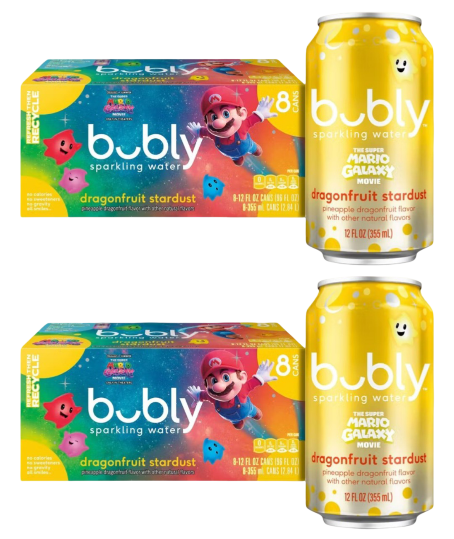 Bubly Dragonfruit Stardust Super Mario Galaxy Sparkling Water, (2) 8 Pack of 12 fl oz Cans