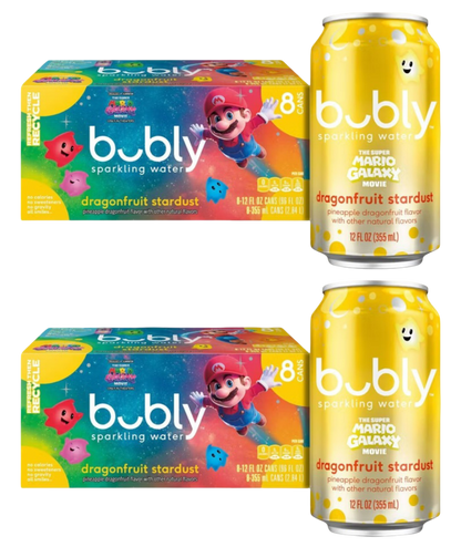 Bubly Dragonfruit Stardust Super Mario Galaxy Sparkling Water, (2) 8 Pack of 12 fl oz Cans