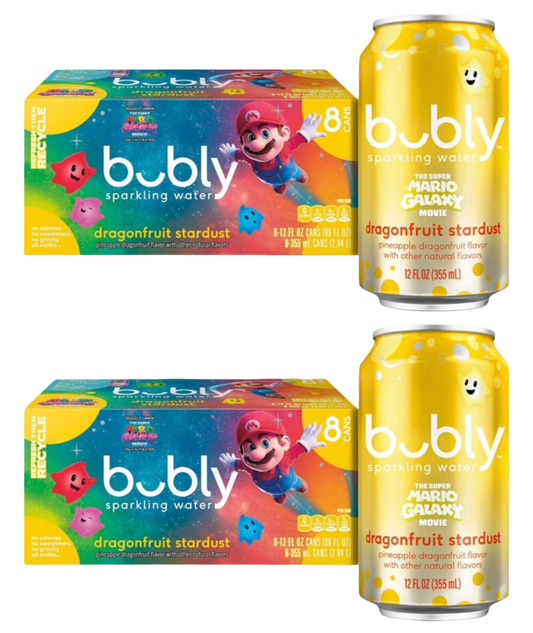 Bubly Dragonfruit Stardust Super Mario Galaxy Sparkling Water, (2) 8 Pack of 12 fl oz Cans
