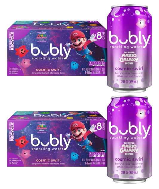 Bubly Cosmic Swirl Super Mario Galaxy Sparkling Water, (2) 8 Pack of 12 fl oz Cans