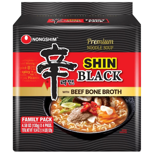 Nongshim Shin Black Spicy Beef & Bone Broth Premium Ramen Noodle Soup Pack, 4.58oz X 4