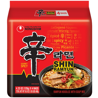 Nongshim Shin Ramyun Spicy Beef Ramen Noodle Soup Pack, 4.2oz X 4