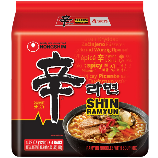 Nongshim Shin Ramyun Spicy Beef Ramen Noodle Soup Pack, 4.2oz X 4
