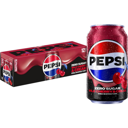 Pepsi Wild Cherry & Cream Zero Sugar Soda, 12 Pack of 12oz Cans