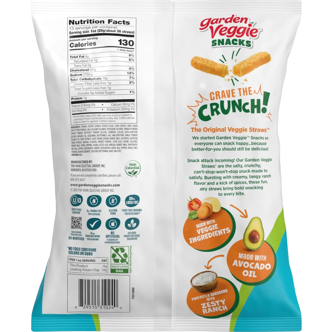 Sensible Portions Zesty Ranch Garden Veggie Straws Made with Avocado Oil, 13 oz