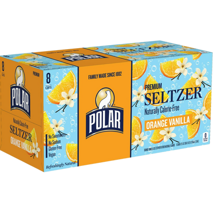 Polar Orange Vanilla Sparkling Seltzer Water, 8 Pack of 12oz Cans