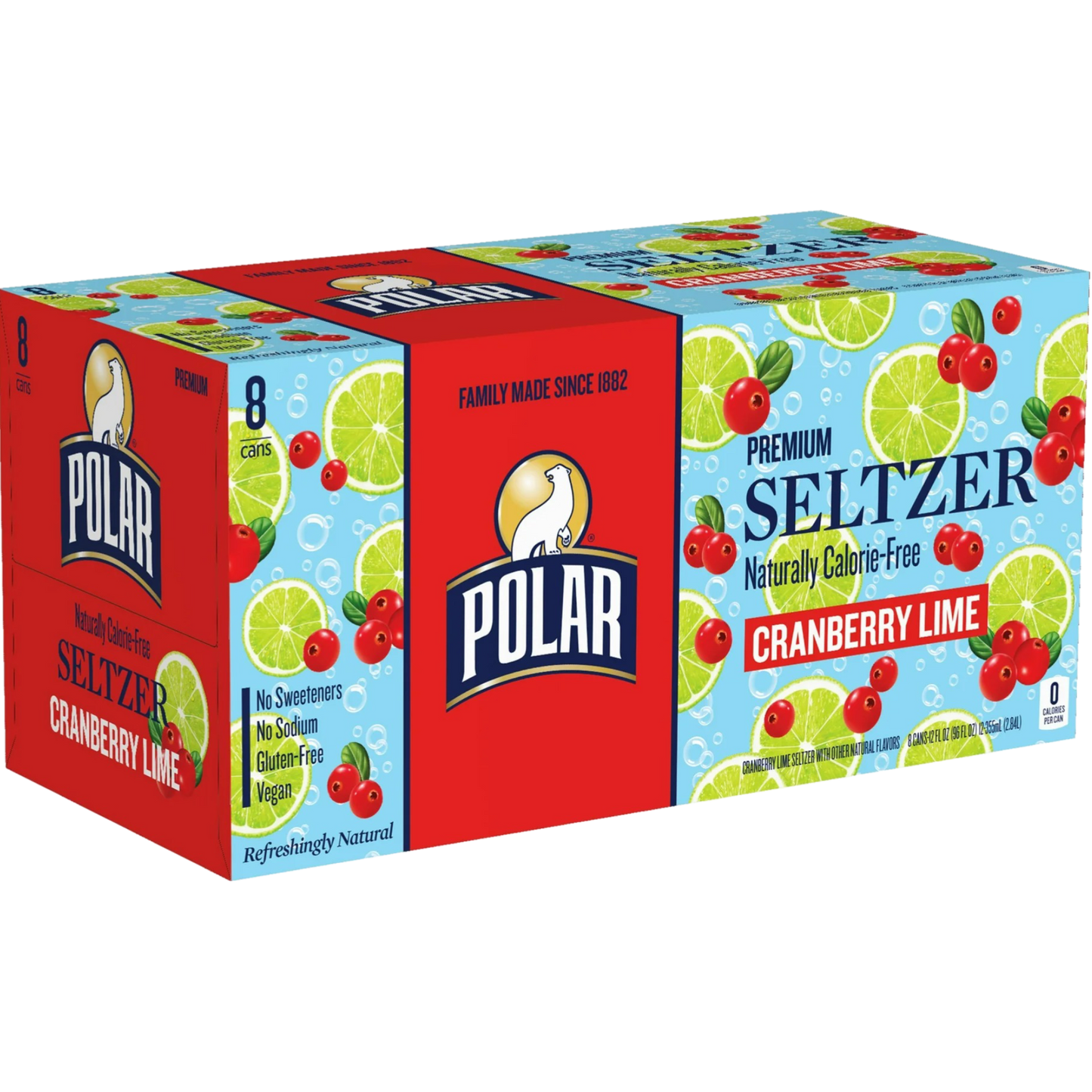 Polar Zero Calorie Cranberry Lime Sparkling Seltzer Water, 8 Pack of 12oz Cans